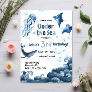 Under the Sea Birthday Invitation | Ocean Theme Party Invite | Editable Digital Download | Whale Jellyfish Stingray Sea Life