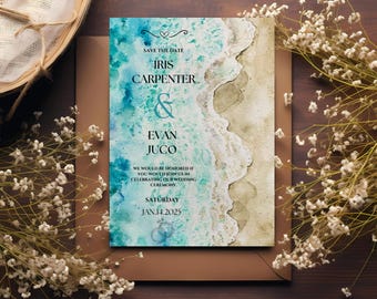 Strand Save the Date Einladung | Aquarell Küstenhochzeit (Instant Download)
