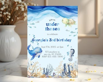 Sous l'invitation d'anniversaire de la mer | Fête des animaux de l'océan (téléchargement numérique)