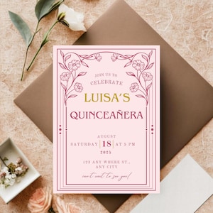 Quinceañera Invitation, Printable Pink Quinceañera Invitation, Floral Quinceañera Invitation, Elegant Quinceañera, Vintage Invitation
