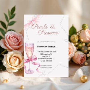 Pearls and Prosecco Bridal Shower Invitation | Elegant Blush Pink Editable Template | Champagne Glass Invite
