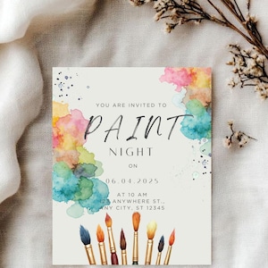 Invitation de nuit de peinture | Invitation de fête d'art aquarelle imprimable | Carte d'événement de peinture DIY | Modèle de soirée artistique modifiable