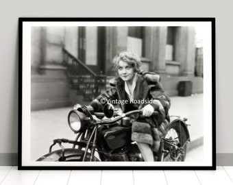 Vintage Young Woman in Fur Coat on 1930s Indian Motorcycle Photo, Woman Biker Print, Indian Police Motorcycle, Cool Woman, Women on Bikes