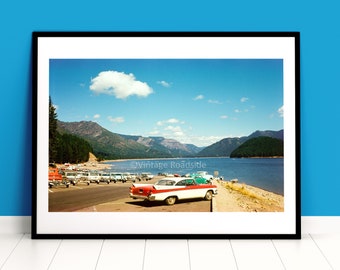 Vintage Detroit Lake Photo, Mongold Park, Color print from 1960s 35mm Kodachrome, Santiam Canyon Wall Art, 1957 Dodge Coronet, Oregon Photo