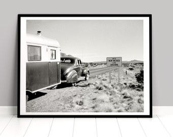 Vintage Road Trip Photo, Print from original 1945 negative, 1940 Ford Coupe and Travel Trailer, Welcome to New Mexico, SW Wall Art