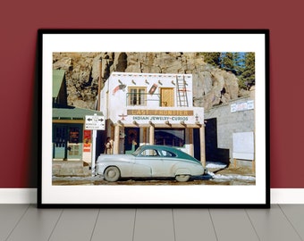 Vintage Evergreen Colorado Color Photo, Archival Print from 1950 Kodachrome Slide, Last Frontier Gift Shop, 1947 Pontiac Streamliner