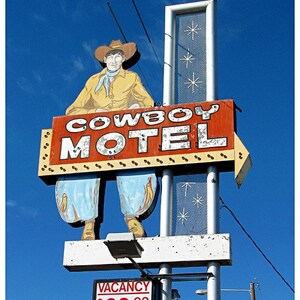 Texas Route 66 Print, Cowboy Motel Neon Sign Photo, Amarillo, Texas, Fine Art Photography, Texas Road Trip Photo, Old Motel Sign, Cowboy Art image 2