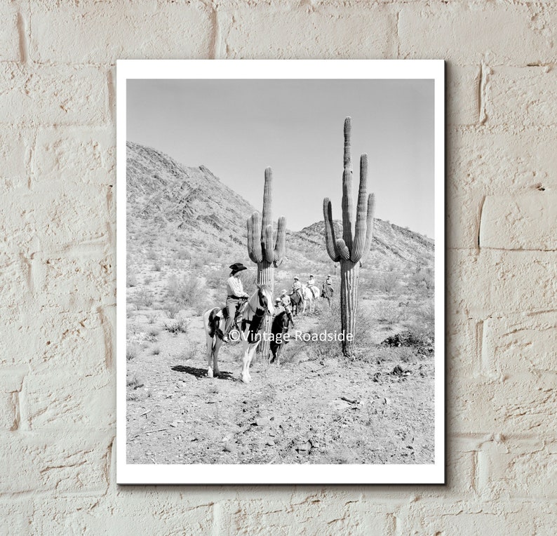 1950s Arizona Trail Ride Photo, Archival print from original 1950s negative, Black and White Arizona Desert Cactus, Dude Ranch Cowboy Photo image 1