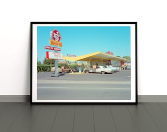 Dog n Suds Root Beer Drive In Print, Salem, Oregon, Photo, Color print from original 1968 negative, Neon, hot dogs & Roadside America Print