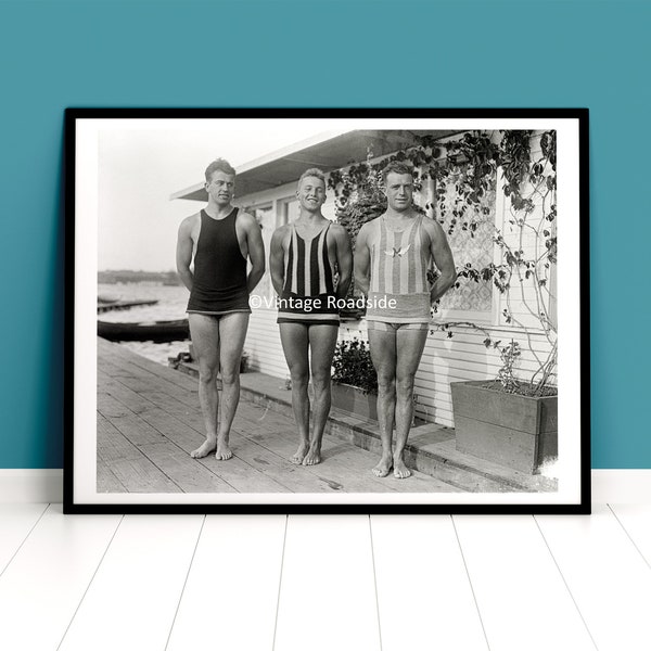 Vintage Young Men in Bathing Suits Photo, Archival Print from Original 1916 Glass Plate Negative, MAC Club, Swim Suit, Swim Team