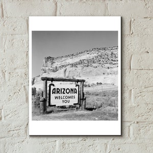 Vintage Arizona Welcome Sign Highway Billboard Photo, Archival Print From Original 1950s negative, Mid-century Arizona Wall Art, BW Print