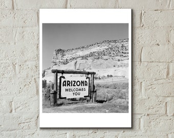 Vintage Arizona Welcome Sign Highway Billboard Photo, Archival Print From Original 1950s negative, Mid-century Arizona Wall Art, BW Print