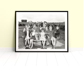 Vintage Playground Photo, Kids on Merry Go Round, Children Wall Art, Archival Print From Original Vintage 1930s Negative, Evaline Winlock