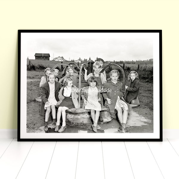 Vintage Playground Photo, Kids on Merry Go Round, Children Wall Art, Archival Print From Original Vintage 1930s Negative, Evaline Winlock