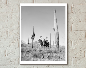 Vintage Couple on Horseback Photo, Archival print from original 1950s negative, Black and White Arizona Desert Cactus Photo, Cowboy Photo