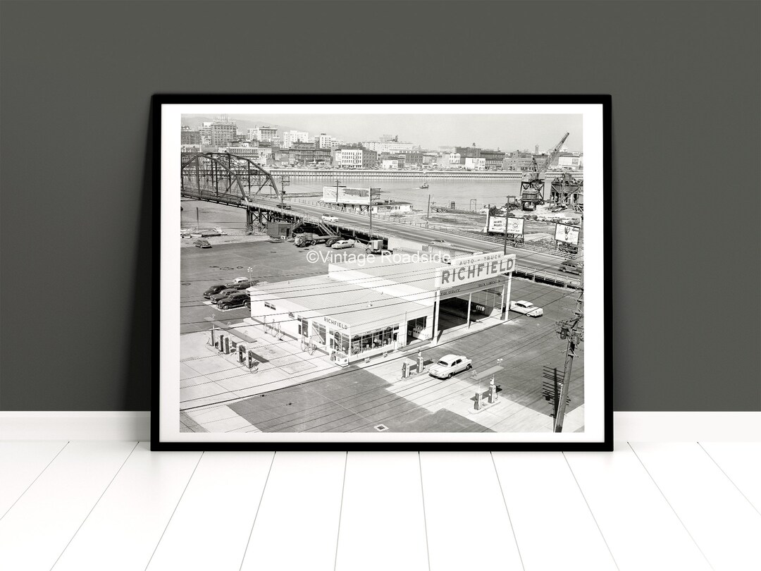 Old SE Portland Oregon Gas Station Photo, Morrison Bridge, Water Avenue