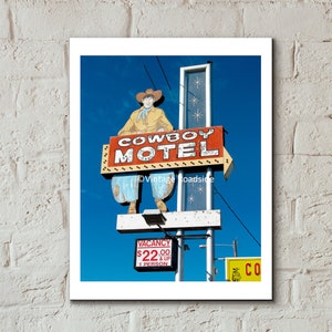 Texas Route 66 Print, Cowboy Motel Neon Sign Photo, Amarillo, Texas, Fine Art Photography, Texas Road Trip Photo, Old Motel Sign, Cowboy Art image 1