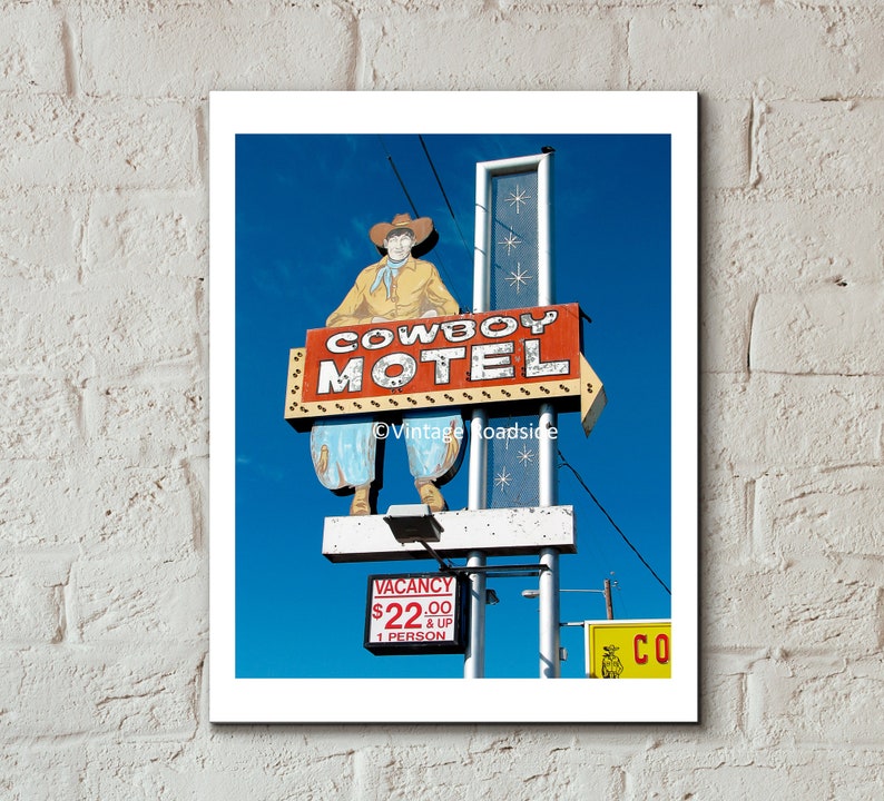 Texas Route 66 Print, Cowboy Motel Neon Sign Photo, Amarillo, Texas, Fine Art Photography, Texas Road Trip Photo, Old Motel Sign, Cowboy Art image 1