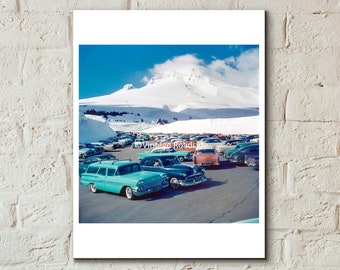 Vintage Timberline Lodge Photo, Color print from 1958 negative, Mount Hood, Snow Skiing, Cabin Decor, Classic Car, 1950s Parking Lot