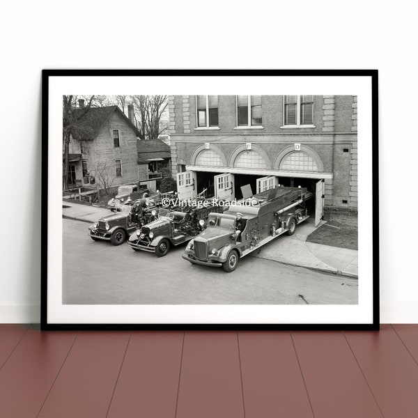 Vintage Fire Department Photo, The Dalles Oregon, Archival print from original 1945 negative, Mack Fire Truck, Fireman Wall Art