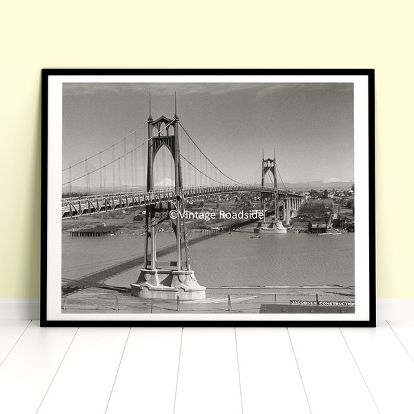 St. Johns Bridge and Mt. St. Helens Photo, Archival Print from Original 1932 Negative, Portland Bridge Photo, Oregon Wall Art