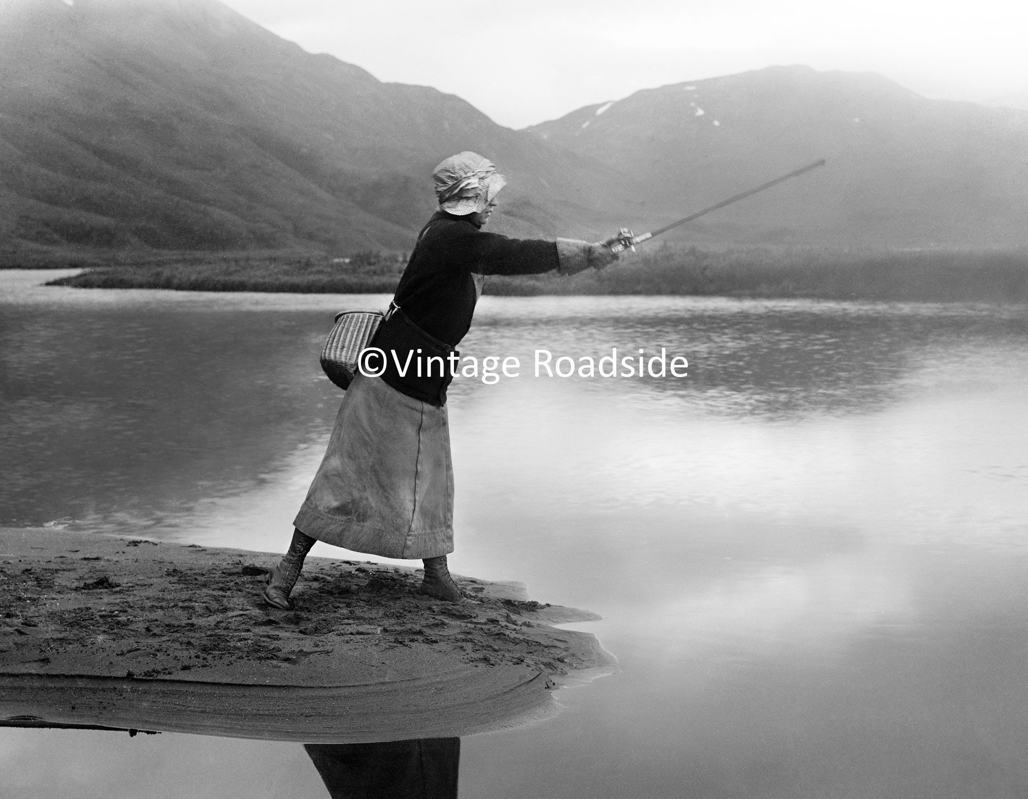 Vintage Woman Fishing Photo, Black and White Archival Print From Original  Glass Plate Negative, Alaska, Wall Art for Her, Cabin Decor 