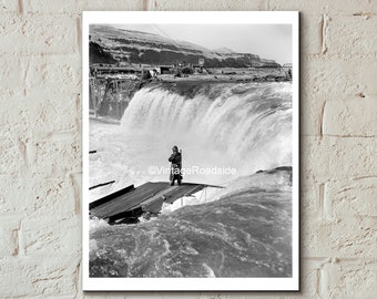 Native American Man Fishing at Celilo Falls, Print From Original 1956 negative, Oregon Photography, Columbia River Print, Salmon Fishing