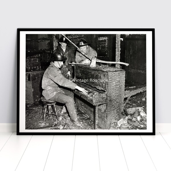 Vintage Fireman Photo, Archival print from original 1949 negative, Firefighter, Oregon Wall Art, Firemen play burned piano, First Responder