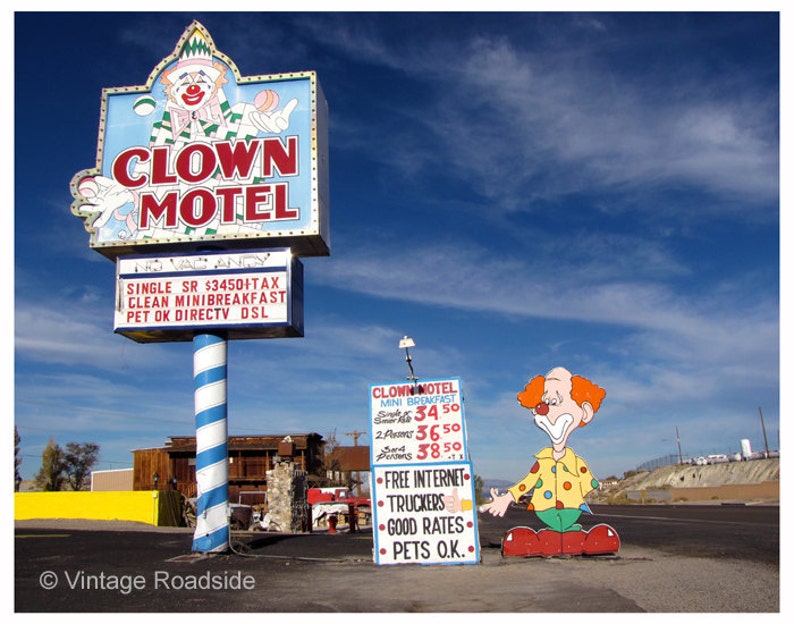 Clown Motel, Tonopah, Nevada, Fine Art Photography, Road Trip Print, Scary Clown Sign, Nevada Photography, Travel Wall Art image 1