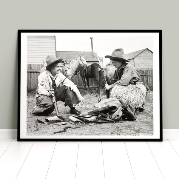 Vintage Cowgirls in Chaps with Guns, Western Print from Original 1920s Negative, Wyoming Photography and Wall Art, Cowboy Photo