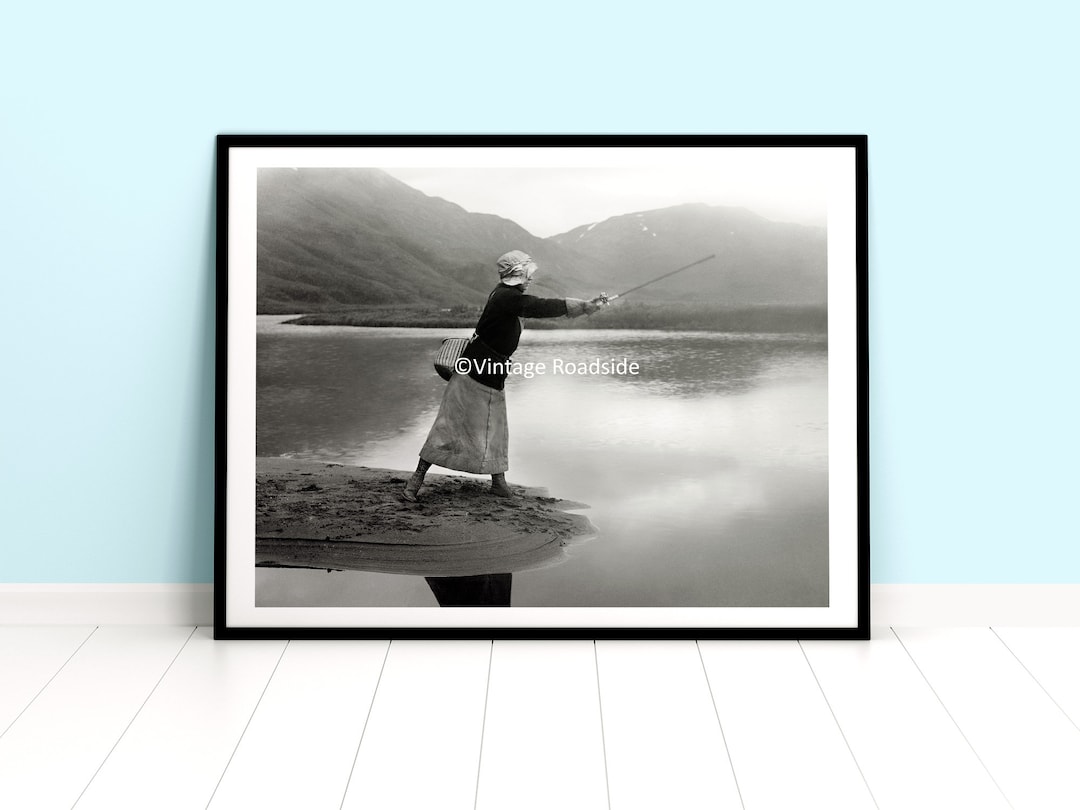 Vintage Woman Fishing Photo, Black and White Archival Print From Original  Glass Plate Negative, Alaska, Wall Art for Her, Cabin Decor 