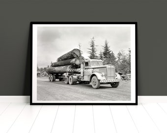 Vintage Pacific Northwest Logging Photo, Print from Original 1950s Negative, Rayonier Kenworth Log Truck, Washington Wall Art, Forestry