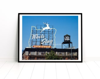 White Stag Sportswear Neon Sign Print, 1975 Kodachrome, Portland, Oregon Photo, Color Photograph, Retro Made in Oregon White Satin Print