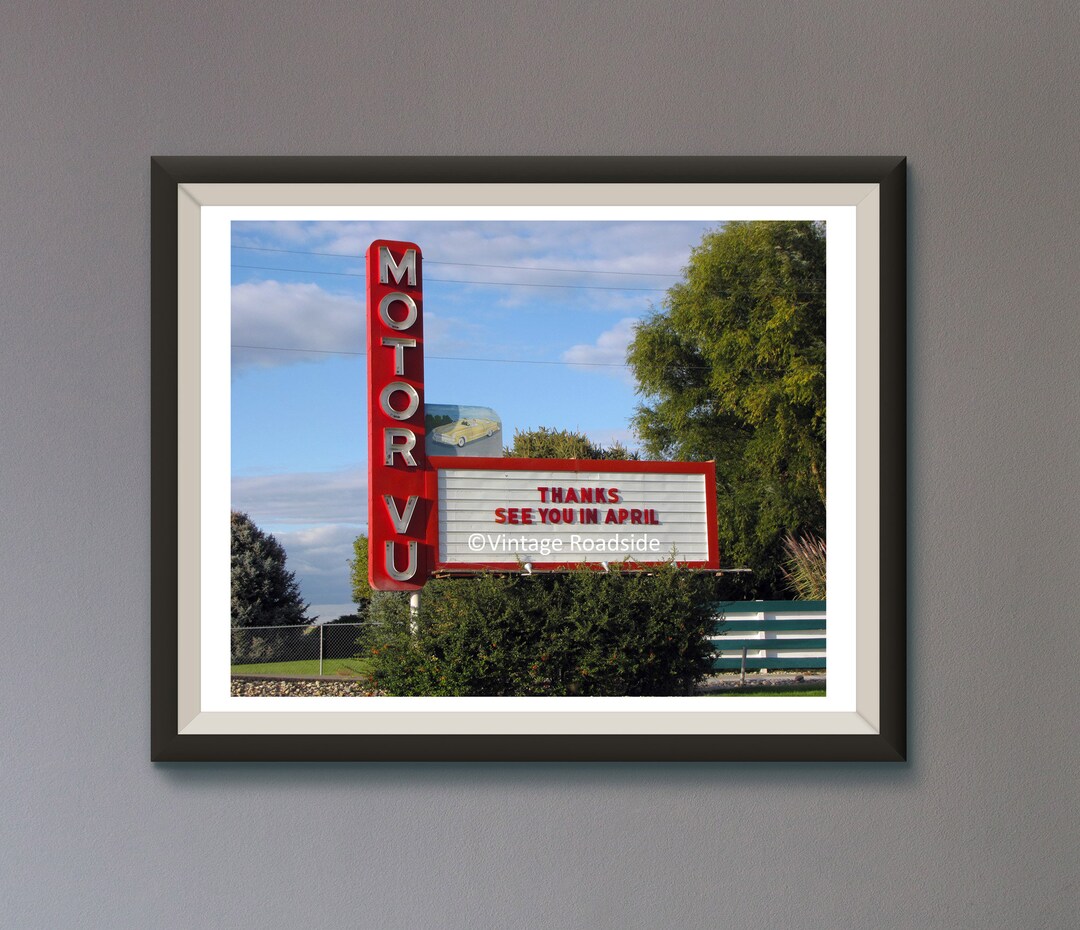 Vintage Drive in Theater Neon Sign 8x10 Photo, Motor Vu Parma Idaho, Roadside Wall Art, Fine Art