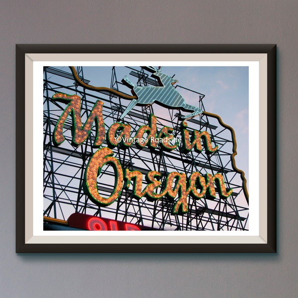 Made In Oregon Neon Sign Photo, Portland Oregon, Changed in 2010, Burnside Bridge, Portland Skyline, Fine Art Photography