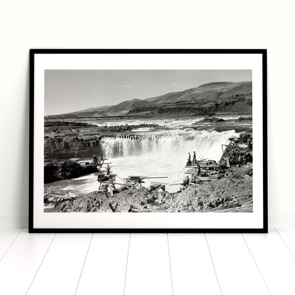 Native Americans Fishing at Celilo Falls Photo, Columbia River Gorge, Vintage Salmon Fishing, Oregon Wall Art, Circa. 1928