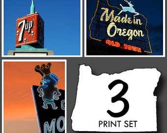 Portland Oregon Neon Signs Set, Three 8x10 Photographs Featuring Vintage Neon Signs, SPECIAL PRICE with 20% Discount