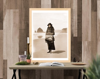 Vintage Cannon Beach Sepia Photo, 1920s Woman with Blanket, Print from original negative, Oregon Coast Wall Art, Tolovana, Haystack Rock