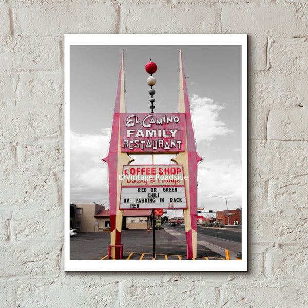 El Camino Neon Sign Print,  Socorro, New Mexico, Archival Googie Neon Sign Print, Old Restaurant Sign, Roadside Art, Coffee Shop Decor