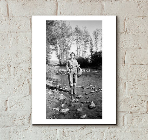 Vintage Photo of Woman Fly Fishing in Montana, Archival Print From Original  1930s Negative, Montana Photography, Cabin Wall Art 