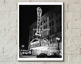 Vintage Movie Theater Neon Sign Photo, Orpheum Theatre, Downtown Portland Oregon, Print from original 1950 Negative, 1950s Wall Art