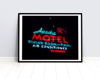 Vintage Apache Motel Neon Sign Print, Color Photograph from original 35mm Kodachrome slide, Moab Utah Wall Art, 1950s Roadside Decor