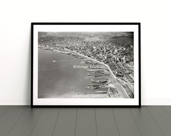 Aerial Photo of Seattle and Central Waterfront Piers, BW Archival Print from original 1953 negative, Vintage Seattle Wall Art