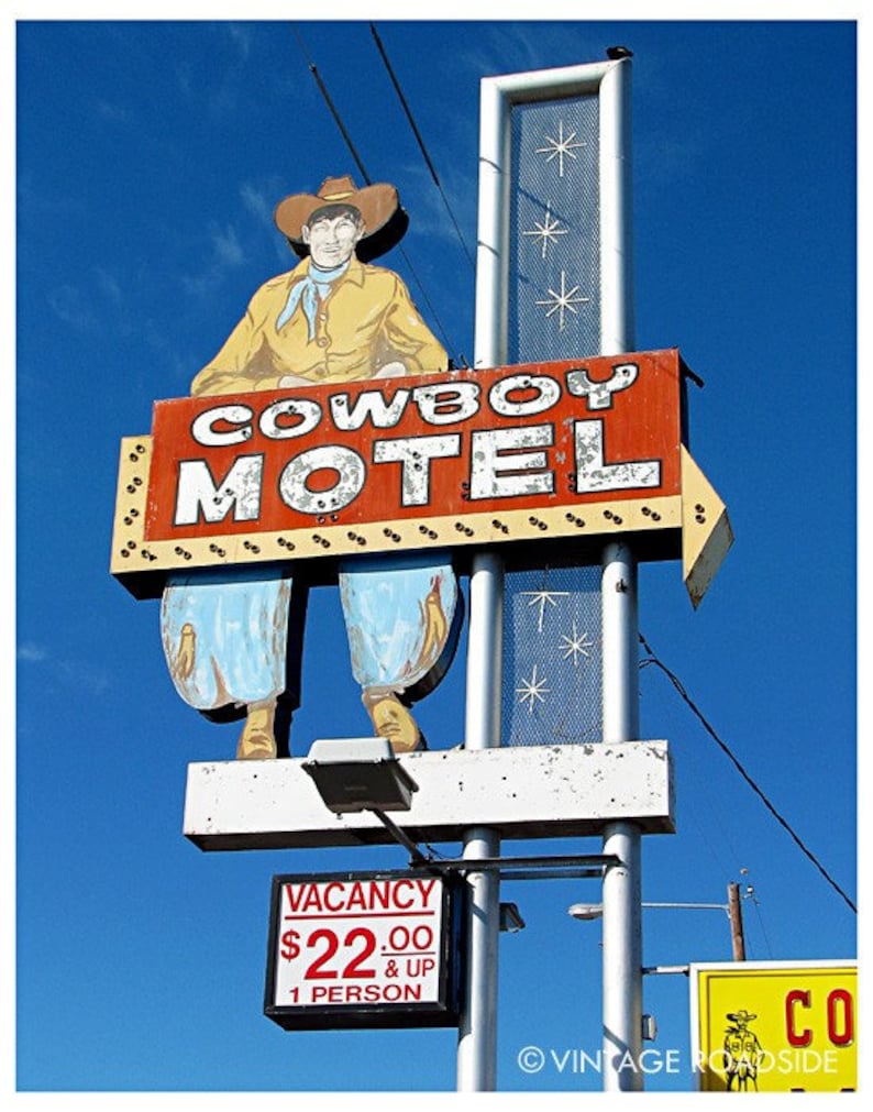 Texas Route 66 Print, Cowboy Motel Neon Sign Photo, Amarillo, Texas, Fine Art Photography, Texas Road Trip Photo, Old Motel Sign, Cowboy Art image 2