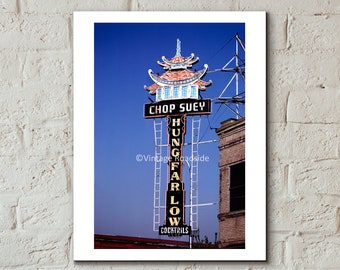 The Original Hung Far Low Neon Sign Photo, Chinatown Portland Oregon, Color print from vintage 35mm slide, Neon Cocktail Lounge, Chop Suey