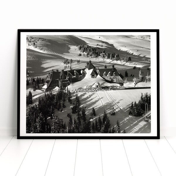 Vintage Aerial Photo of Timberline Lodge, Archival Print from Original 1955 Negative, WPA Architecture, Skiing Wall Art, Mount Hood, Oregon