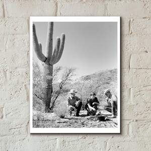 Cowboy Campfire with Saguaro Photo, Archival print from original 1950s negative, Vintage Arizona Cactus Wall Art, Desert Cowboy Photography