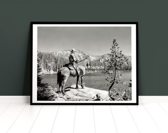 Vintage Cowboy on Horseback by Mountain Lake Photo, Archival Print from original negative, Old West Wall Art, Cabin Decor, Rugged Scenery