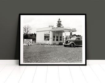 1940s Gilmore Gas Station Photo, Archival print from original negative, Petroliana Wall Art, Hot Rod Garage Decor