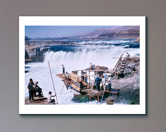 Fishing at Celilo Falls Photo, Color Print from Vintage 1950s Kodachrome Slide, Native American Salmon Fishing, Horseshoe Falls, The Dalles